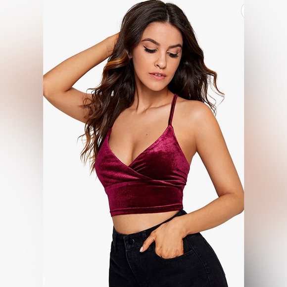 SHEIN NWT VELVET CRISSCROSS LACE UP TIE BACK CROP TOP SIZE M - Picture 2 of 12